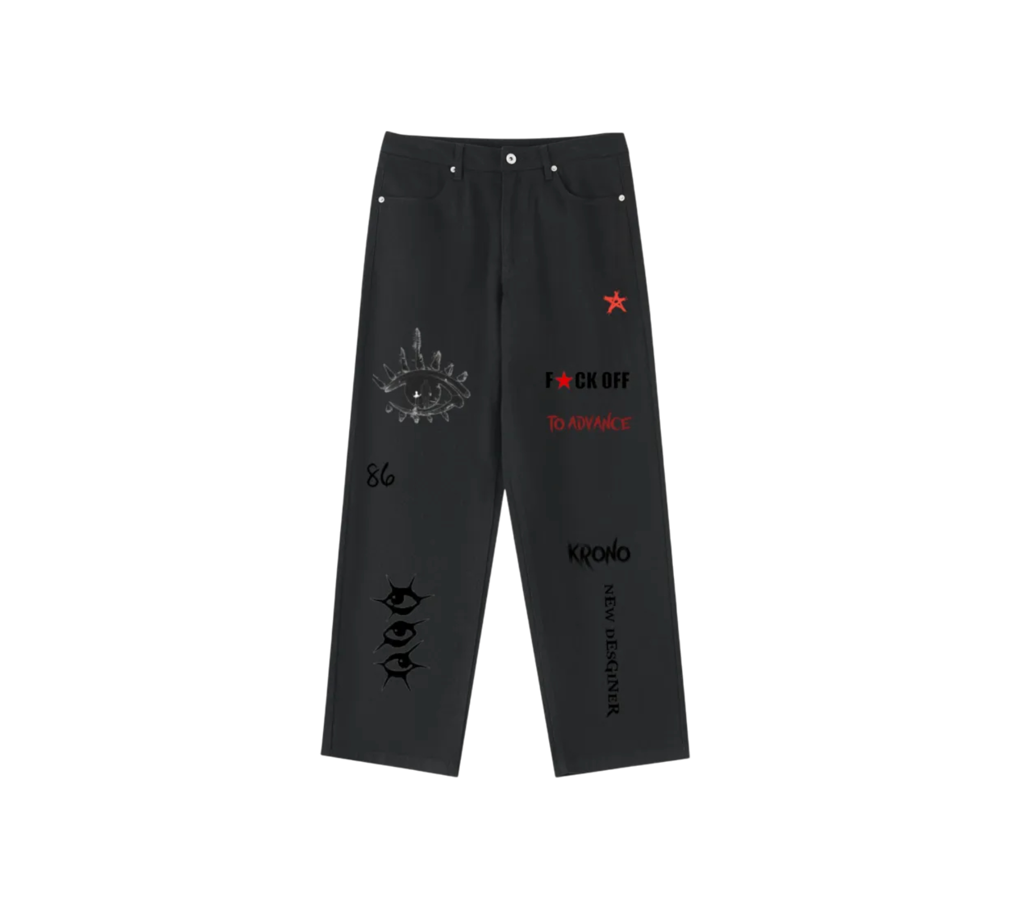 Black pants with various designs and text on a white background
